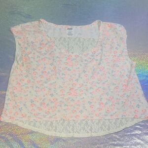 Y2K Vintage VS Pink Cream Lace Back Neon Flower Print Oversized Tshirt Sz:S